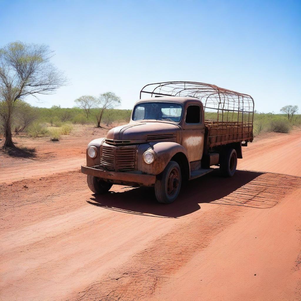 An old rusty truck towing a cage with a crocodile inside, traveling through the Australian outback