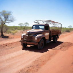 An old rusty truck towing a cage with a crocodile inside, traveling through the Australian outback