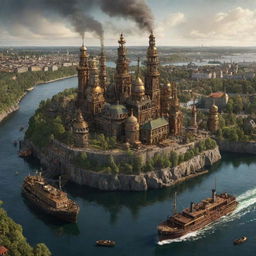 A creative visualization of Sweden with a steampunk influence; Stockholm cityscape adorned with grand, intricate machinery, forests inhabited by mechanical wildlife, and the breathtaking archipelago serviced by steam-powered boats.