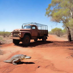 An old rusty truck towing a cage with a crocodile inside, traveling through the Australian outback