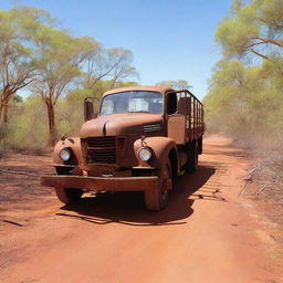 An old rusty truck towing a cage with a crocodile inside, traveling through the Australian outback