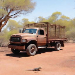 An old rusty truck towing a cage with a crocodile inside, traveling through the Australian outback