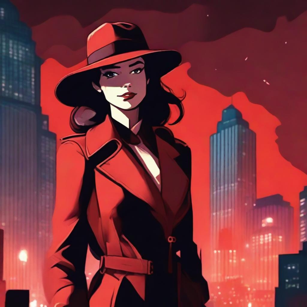 A female detective standing under a red night sky, wearing a trench coat and fedora