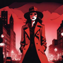 A female detective standing under a red night sky, wearing a trench coat and fedora