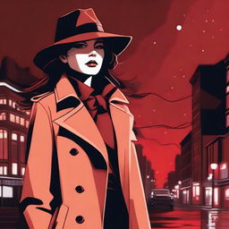 A female detective standing under a red night sky, wearing a trench coat and fedora