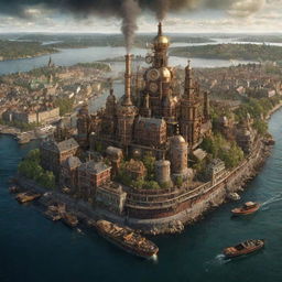 A creative visualization of Sweden with a steampunk influence; Stockholm cityscape adorned with grand, intricate machinery, forests inhabited by mechanical wildlife, and the breathtaking archipelago serviced by steam-powered boats.