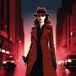 A female detective standing under a red night sky, wearing a trench coat and fedora