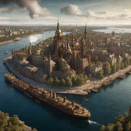 A creative visualization of Sweden with a steampunk influence; Stockholm cityscape adorned with grand, intricate machinery, forests inhabited by mechanical wildlife, and the breathtaking archipelago serviced by steam-powered boats.