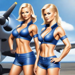 A photorealistic image of two blonde athletic women with muscular abs, dressed as pilots in blue uniforms