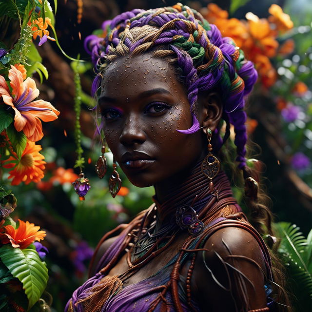 Hyper-realistic 3D image of an intense close-up of a different, more beautiful African elf woman with braids in a rococo outfit, standing in a vibrant, magical African jungle. Her face is intricately detailed, and the image is shot with immaculate composition and lighting.