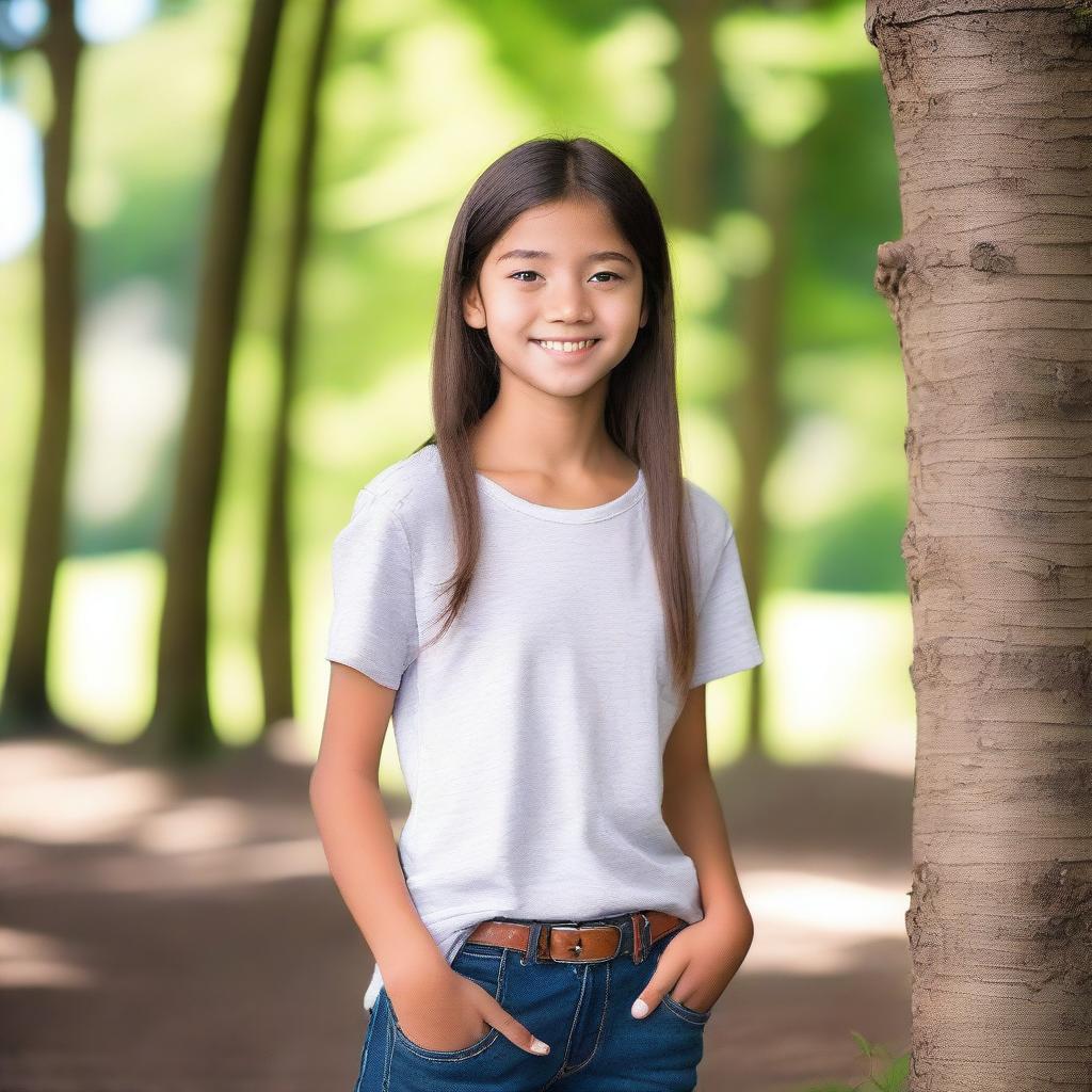 A petite teenager with a youthful appearance, wearing casual modern clothing, standing in a natural outdoor setting