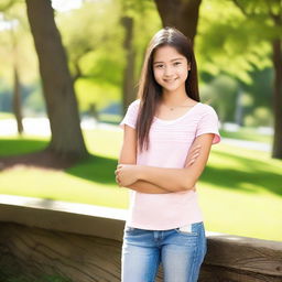 A petite teenager with a youthful appearance, wearing casual modern clothing, standing in a natural outdoor setting