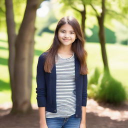 A petite teenager with a youthful appearance, wearing casual modern clothing, standing in a natural outdoor setting
