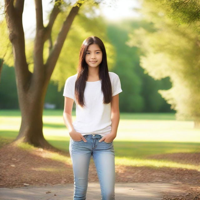 A petite teenager with a youthful appearance, wearing casual modern clothing, standing in a natural outdoor setting