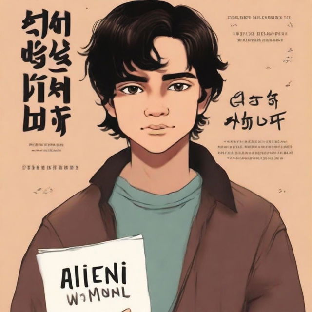 A book cover featuring a boy with light brown eyes and black hair, with a chiseled face