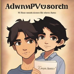 A book cover featuring a boy with light brown eyes and black hair, with a chiseled face