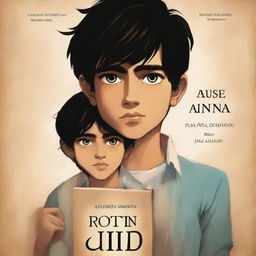 A book cover featuring a boy with light brown eyes and black hair, with a chiseled face