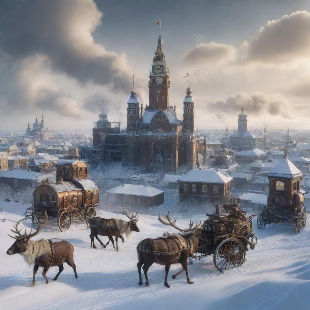 A depiction of Finland with a steampunk touch: Helsinki's skyline punctuated by gear-driven structures, winter landscapes adorned with mechanically-enhanced reindeers, and mythical creatures from Finnish folklore reimagined with steam technology.