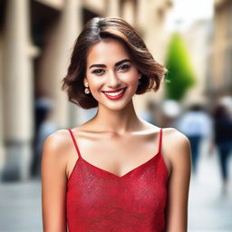 A beautiful young woman with striking features, dressed stylishly, standing confidently with a captivating smile