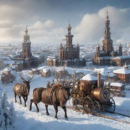 A depiction of Finland with a steampunk touch: Helsinki's skyline punctuated by gear-driven structures, winter landscapes adorned with mechanically-enhanced reindeers, and mythical creatures from Finnish folklore reimagined with steam technology.