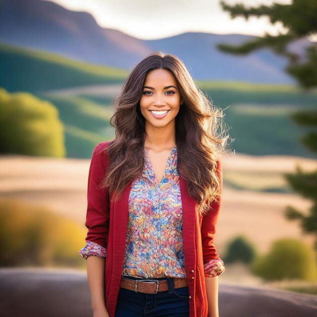 A beautiful young woman standing in a scenic outdoor setting, dressed in stylish clothing