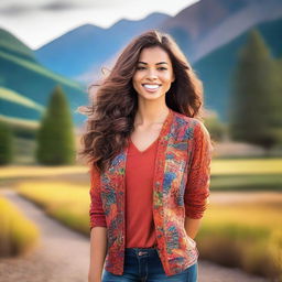 A beautiful young woman standing in a scenic outdoor setting, dressed in stylish clothing