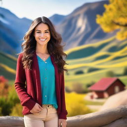 A beautiful young woman standing in a scenic outdoor setting, dressed in stylish clothing