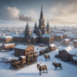 A depiction of Finland with a steampunk touch: Helsinki's skyline punctuated by gear-driven structures, winter landscapes adorned with mechanically-enhanced reindeers, and mythical creatures from Finnish folklore reimagined with steam technology.