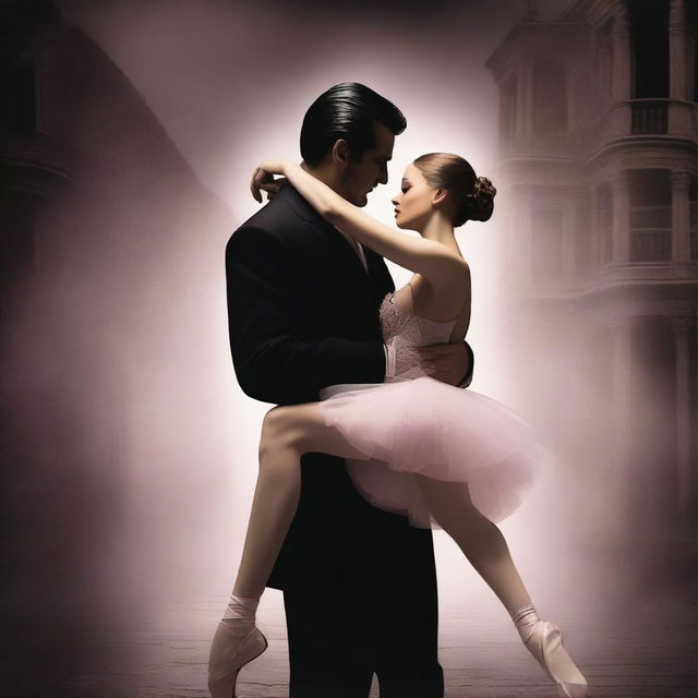 Create a novel cover featuring a couple with a mafia man and a ballerina embracing each other possessively