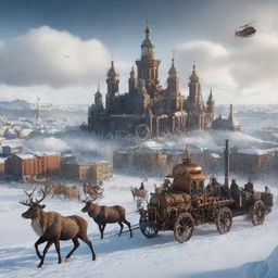 A depiction of Finland with a steampunk touch: Helsinki's skyline punctuated by gear-driven structures, winter landscapes adorned with mechanically-enhanced reindeers, and mythical creatures from Finnish folklore reimagined with steam technology.