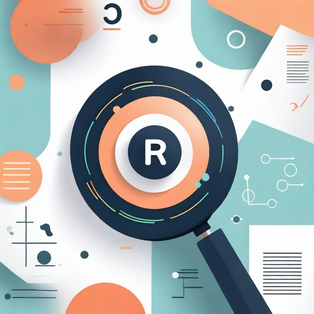 Create a book cover about research methodology featuring a magnifying glass at the center, surrounded by algorithmic elements