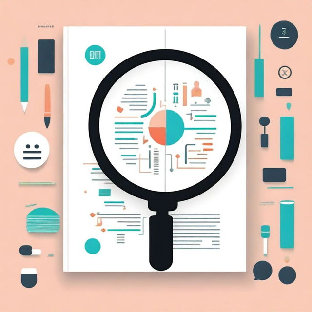 Create a book cover about research methodology featuring a magnifying glass at the center, surrounded by algorithmic elements