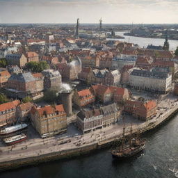 Imagine Denmark with a steampunk makeover: intricately mechanized cityscape of Copenhagen, rural landscapes fused with steam-powered windmills, and the coastal areas bustling with brass-clad, antique ships.