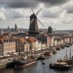 Imagine Denmark with a steampunk makeover: intricately mechanized cityscape of Copenhagen, rural landscapes fused with steam-powered windmills, and the coastal areas bustling with brass-clad, antique ships.