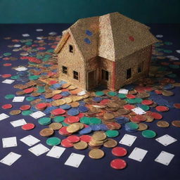 A vibrant casino house filled with playing cards scattered around and piles of shimmering casino coins