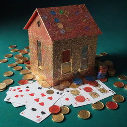 A vibrant casino house filled with playing cards scattered around and piles of shimmering casino coins