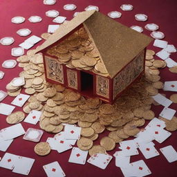 A vibrant casino house filled with playing cards scattered around and piles of shimmering casino coins