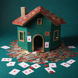 A vibrant casino house filled with playing cards scattered around and piles of shimmering casino coins