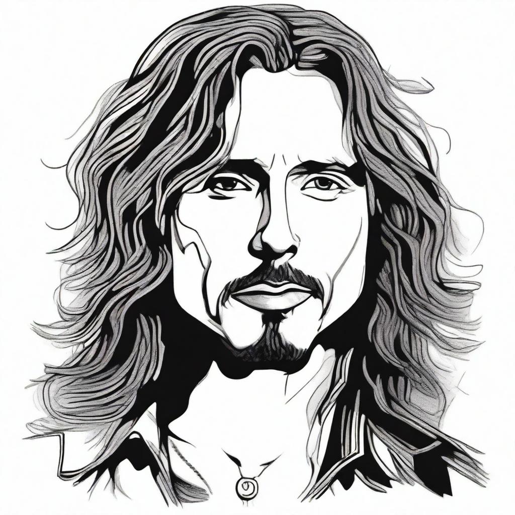 A detailed doodle of Chris Cornell, capturing his iconic look with long hair and soulful eyes