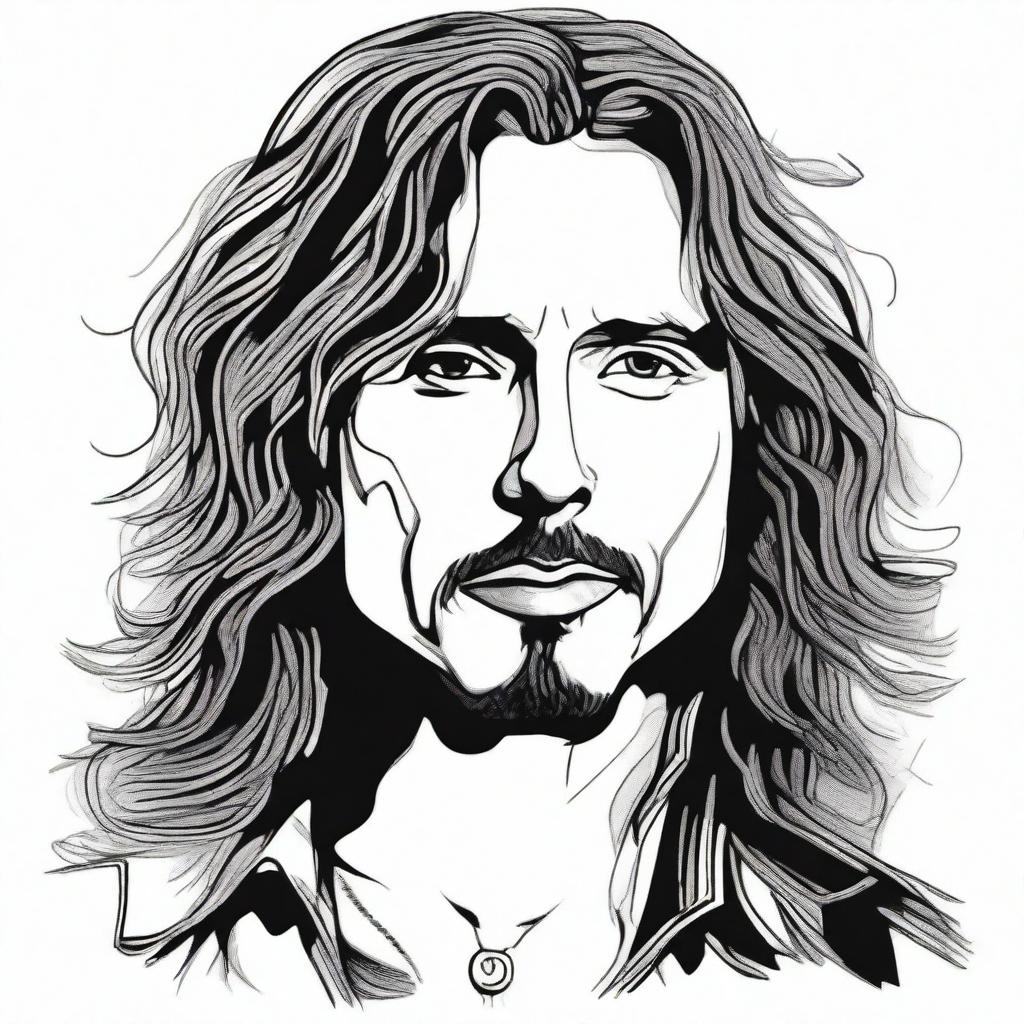 A detailed doodle of Chris Cornell, capturing his iconic look with long hair and soulful eyes