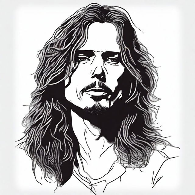 A detailed doodle of Chris Cornell, capturing his iconic look with long hair and soulful eyes