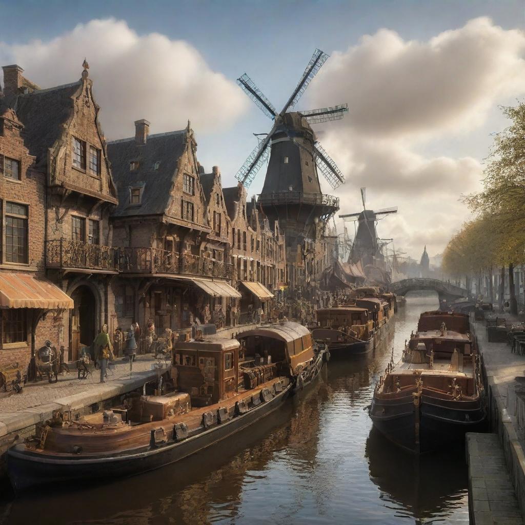 A stylized, steampunk interpretation of the Netherlands, featuring Amsterdam's canals filled with steam barges, windmills replaced by clockwork structures, and the countryside adorned with aged, bronze-and-wood machinery.