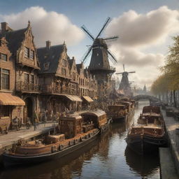 A stylized, steampunk interpretation of the Netherlands, featuring Amsterdam's canals filled with steam barges, windmills replaced by clockwork structures, and the countryside adorned with aged, bronze-and-wood machinery.