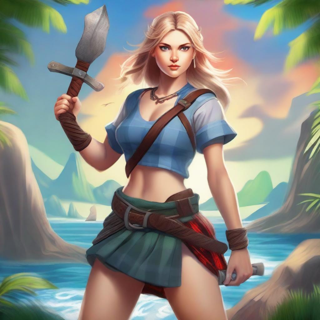 A full body image of an appealing female Norse warrior student, in a vibrant fantasy art style, in a dynamic pose