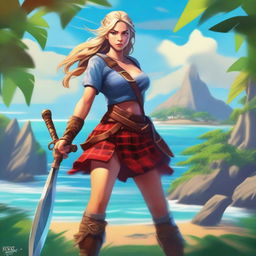 A full body image of an appealing female Norse warrior student, in a vibrant fantasy art style, in a dynamic pose