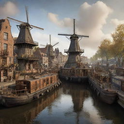 A stylized, steampunk interpretation of the Netherlands, featuring Amsterdam's canals filled with steam barges, windmills replaced by clockwork structures, and the countryside adorned with aged, bronze-and-wood machinery.