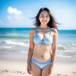 A photo of an Asian girl wearing a curvaceous bikini, standing by the beach with the ocean in the background