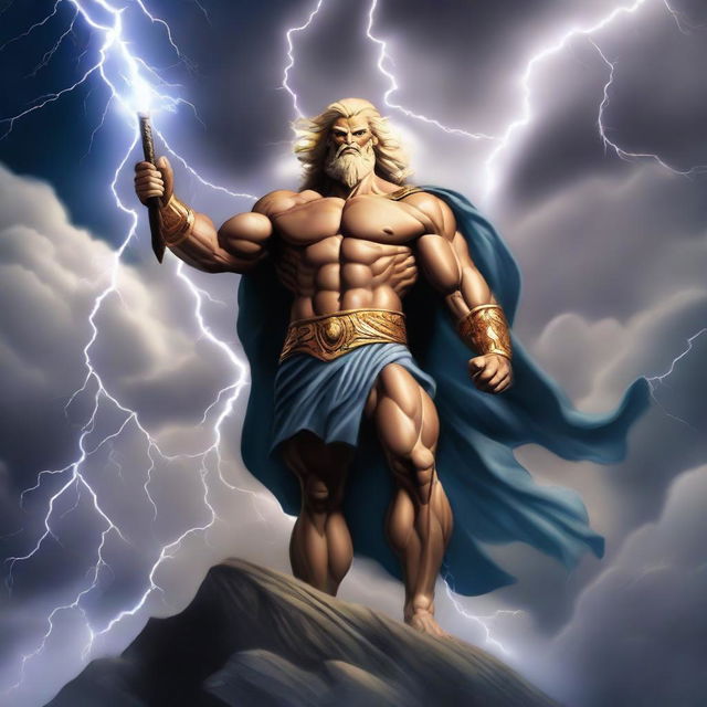 A powerful depiction of Zeus, the Greek god of thunder, standing majestically on a mountain peak