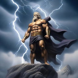 A powerful depiction of Zeus, the Greek god of thunder, standing majestically on a mountain peak