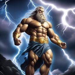 A powerful depiction of Zeus, the Greek god of thunder, standing majestically on a mountain peak